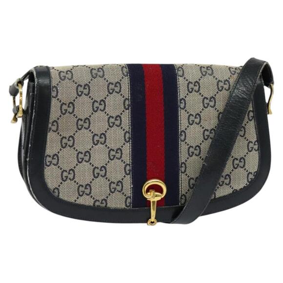 GUCCI GG Canvas Sherry Line Shoulder Bag Navy Gold Red - Picture 1 of 16